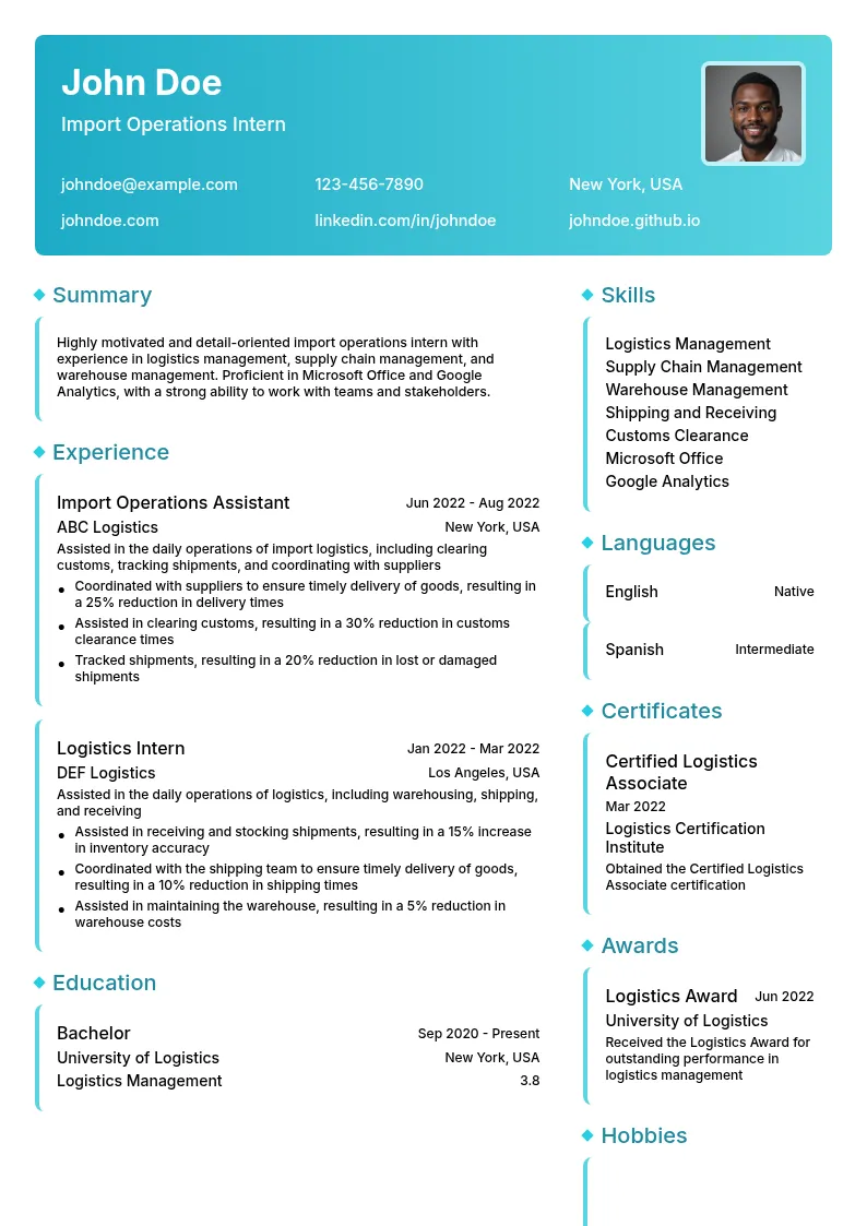 Import Operations Intern resume example