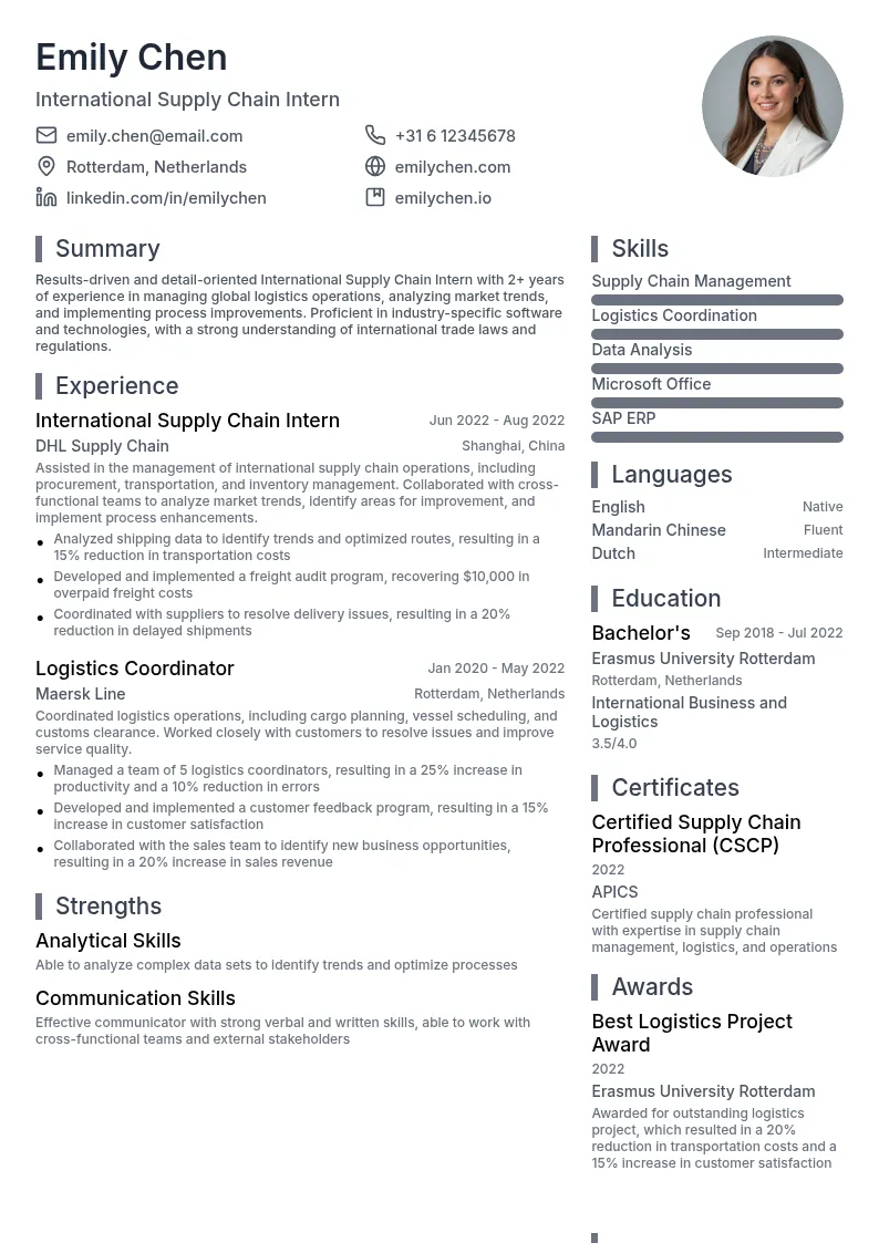 International Supply Chain Intern resume example