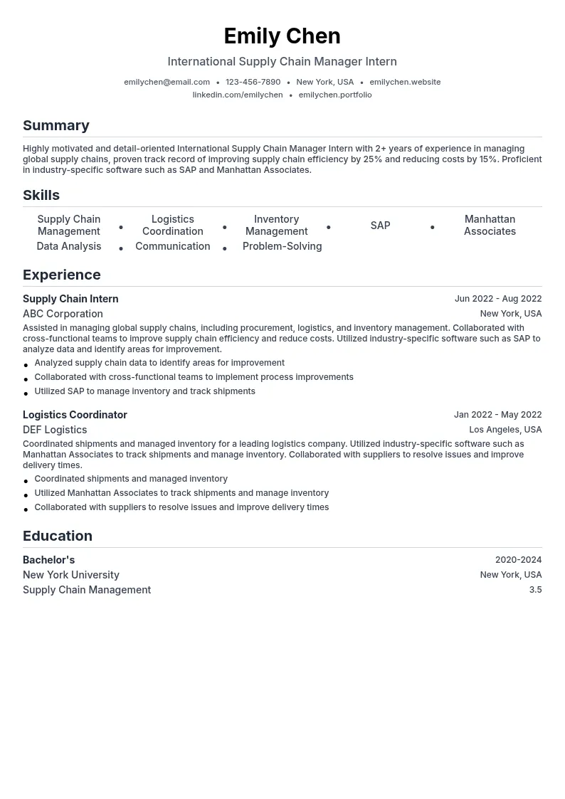 International Supply Chain Manager Intern resume example