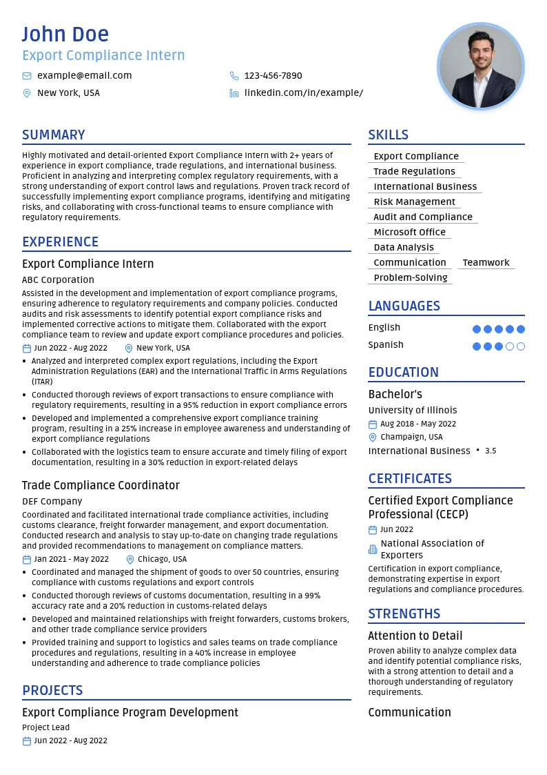 Export Compliance Intern resume example