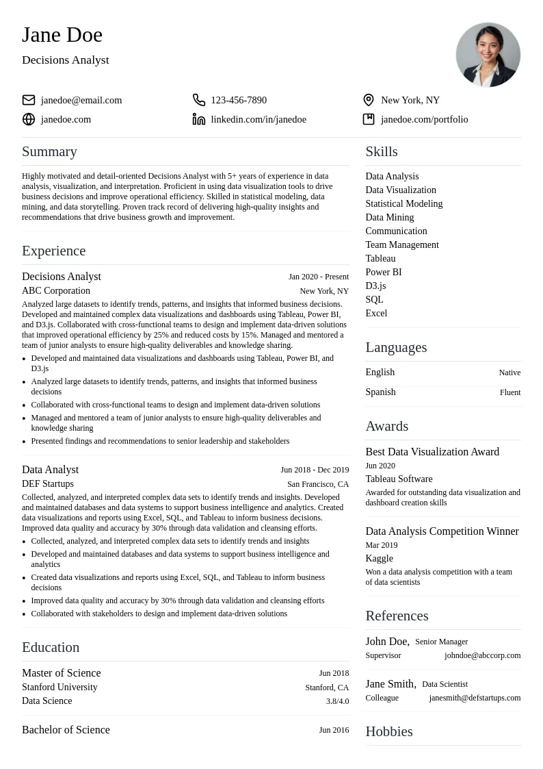 Decisions Analyst resume example