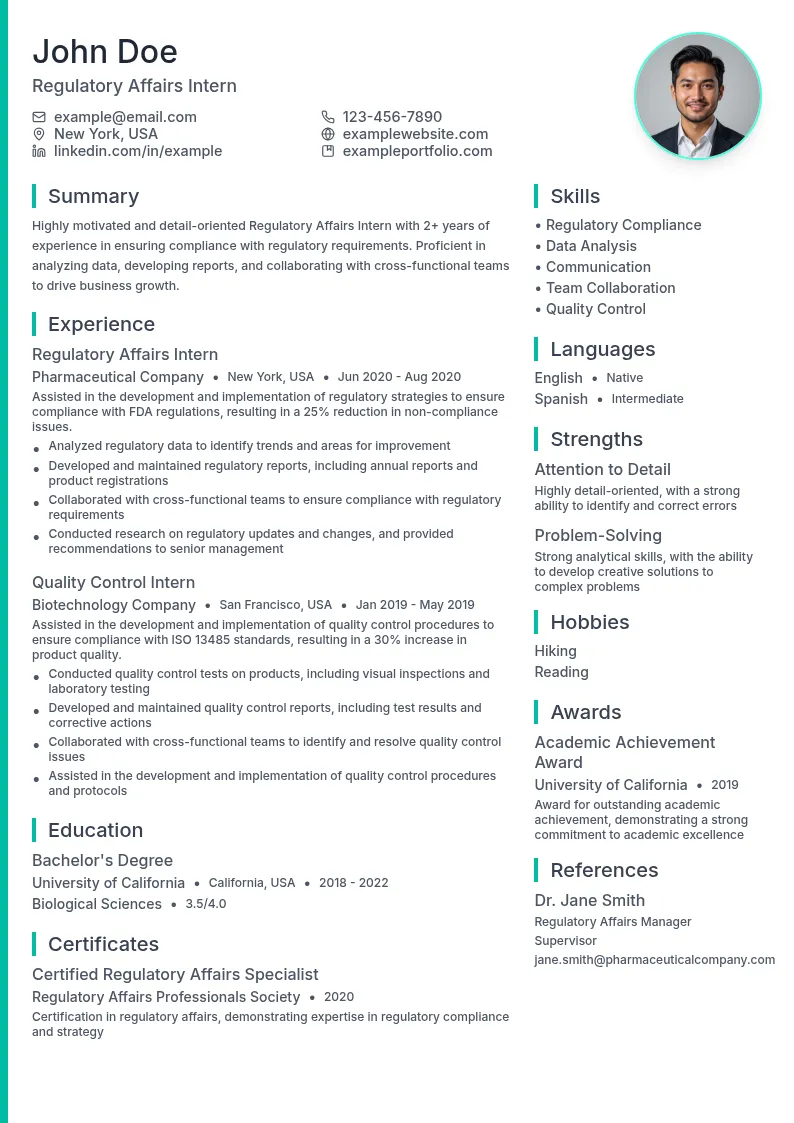 Regulatory Affairs Intern resume example
