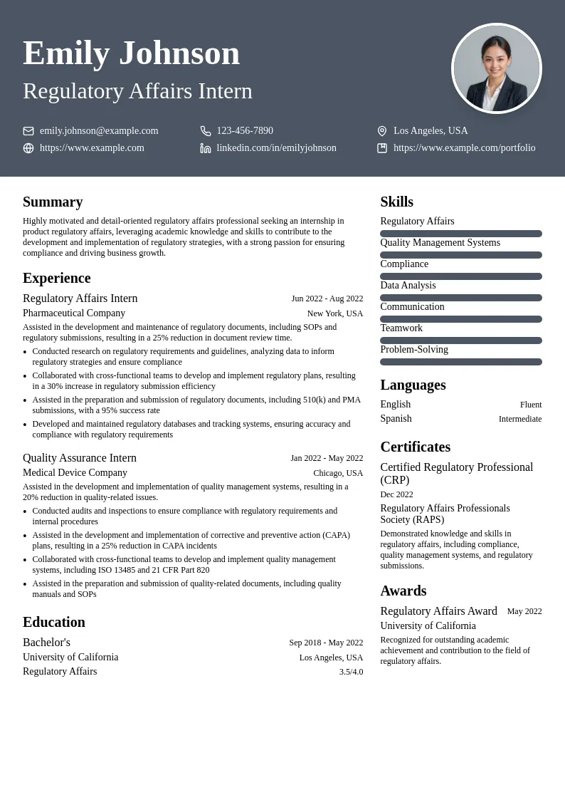 Product Regulatory Affairs Intern resume example