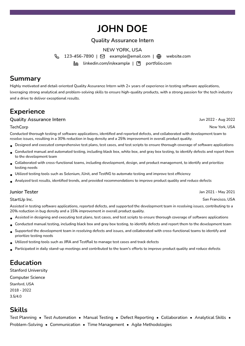 Quality Assurance Intern resume example