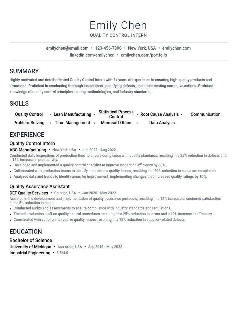 Quality Control Intern resume example
