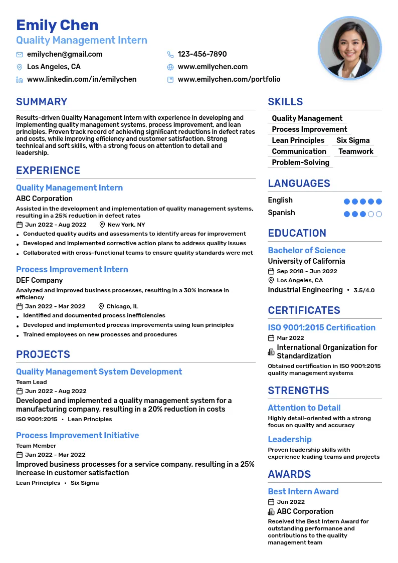 Quality Management Intern resume example