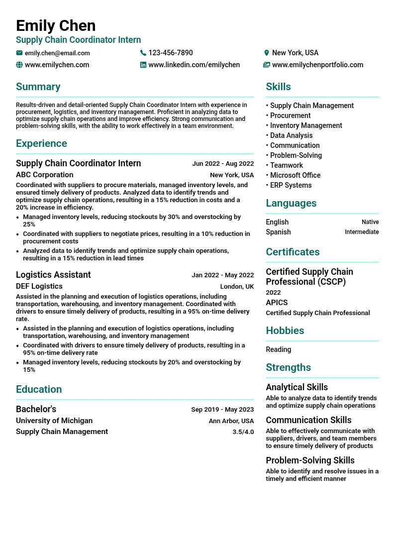 Supply Chain Coordinator Intern resume example