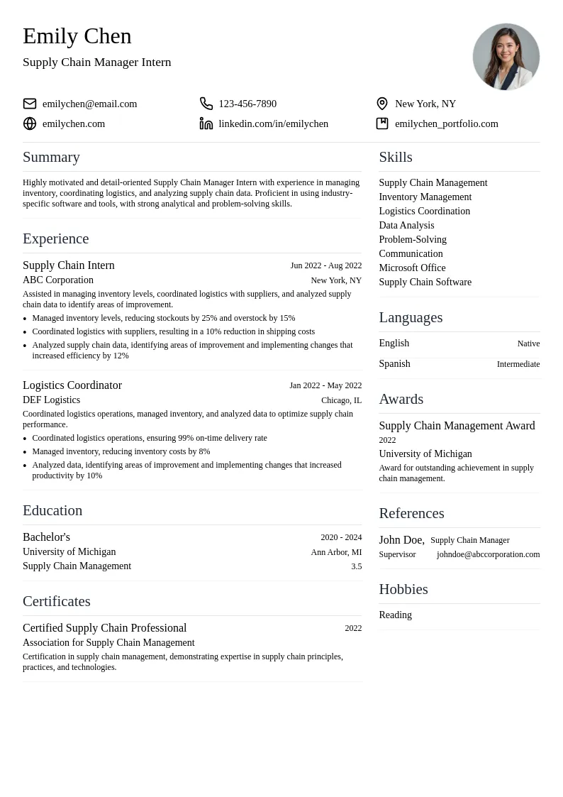 Supply Chain Manager Intern resume example