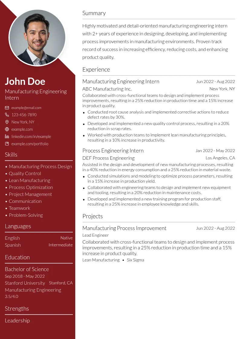 Manufacturing Engineering Intern resume example