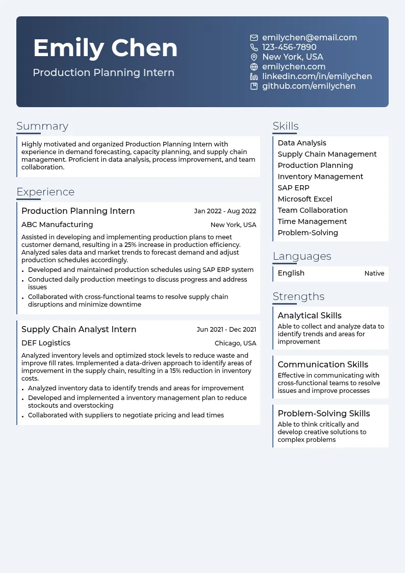 Production Planning Intern resume example