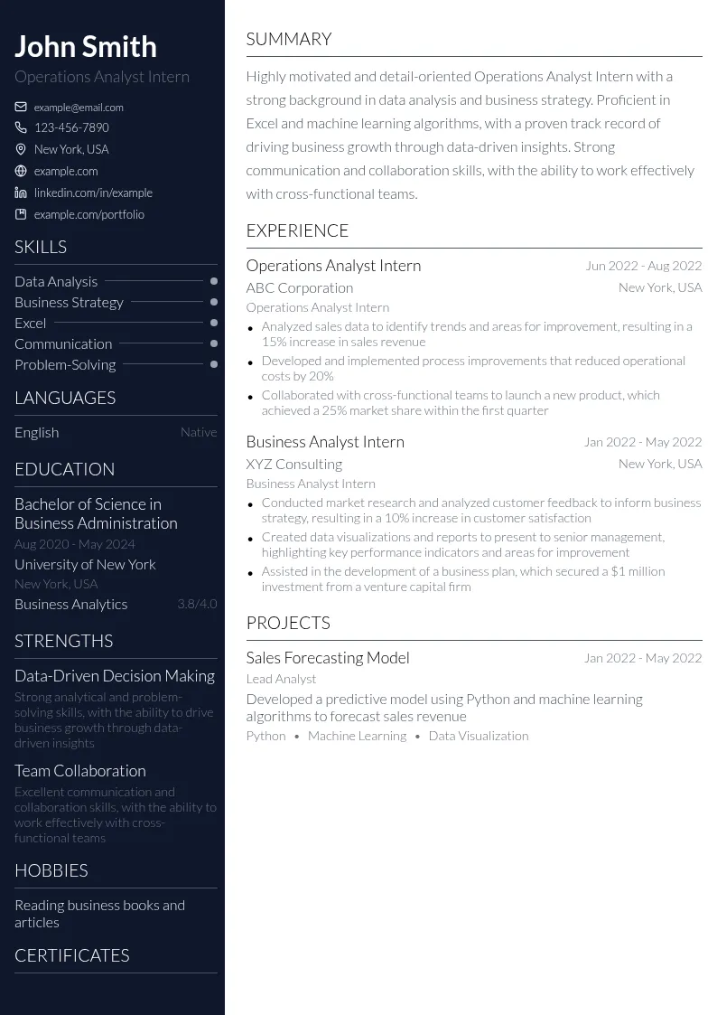 Operations Analyst Intern resume example
