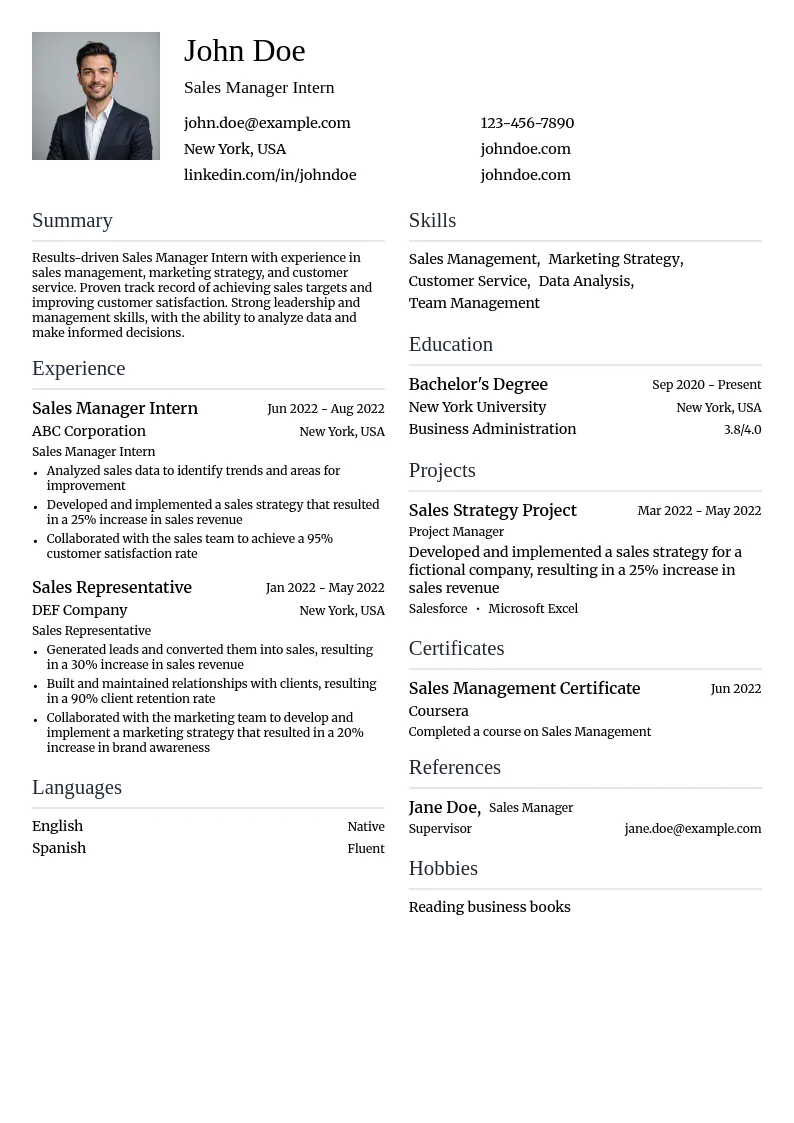 Sales Manager Intern resume example