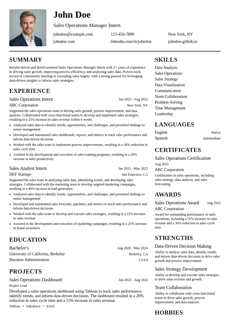 Sales Operations Manager Intern resume example