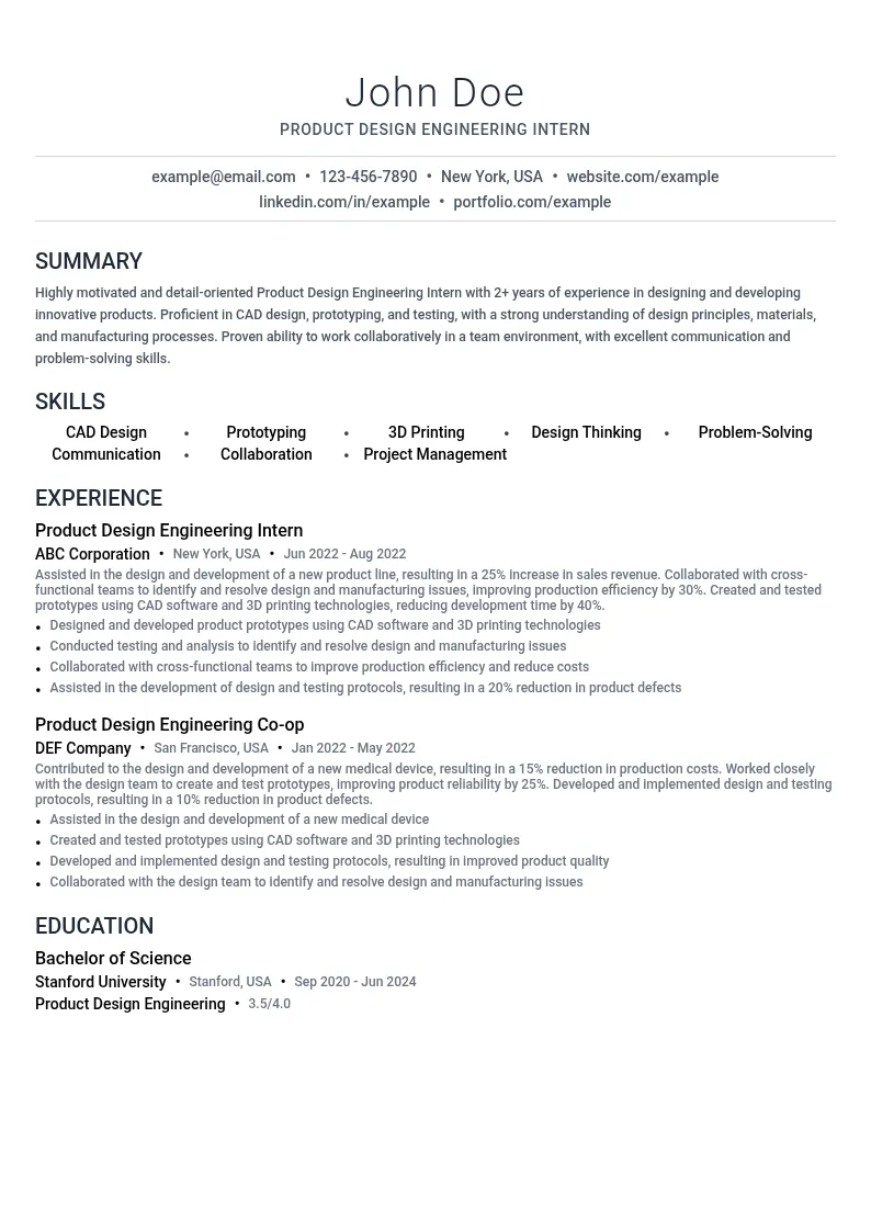 Product Design Engineering Intern resume example