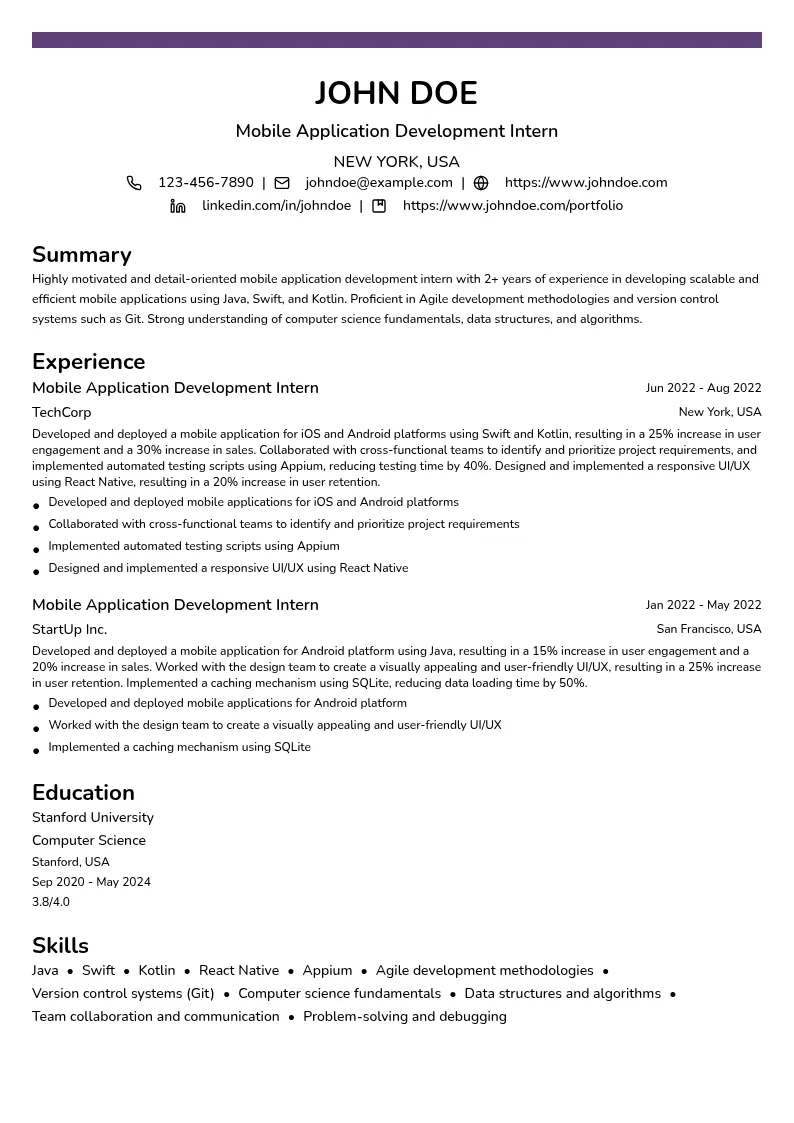 Mobile Application Development Intern resume example
