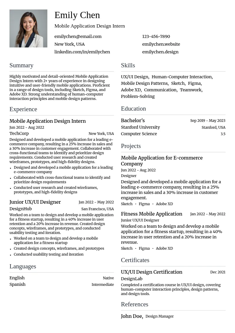 Mobile Application Design Intern resume example