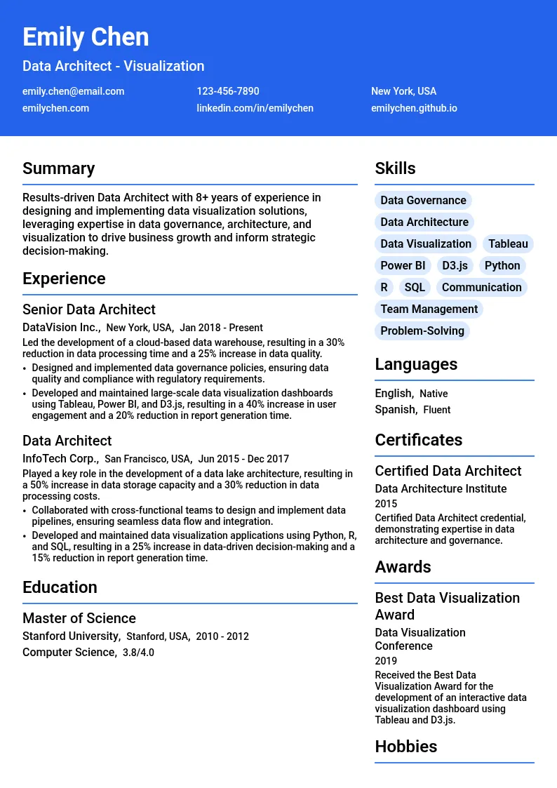 Data Architect - Visualization resume example