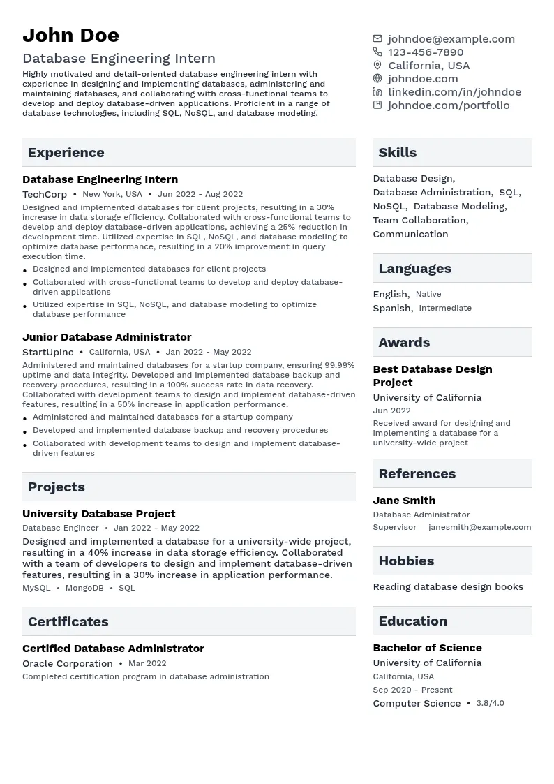 Database Engineering Intern resume example