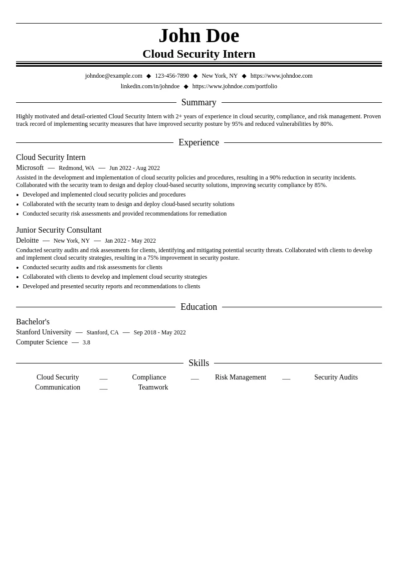 Cloud Security Intern resume example
