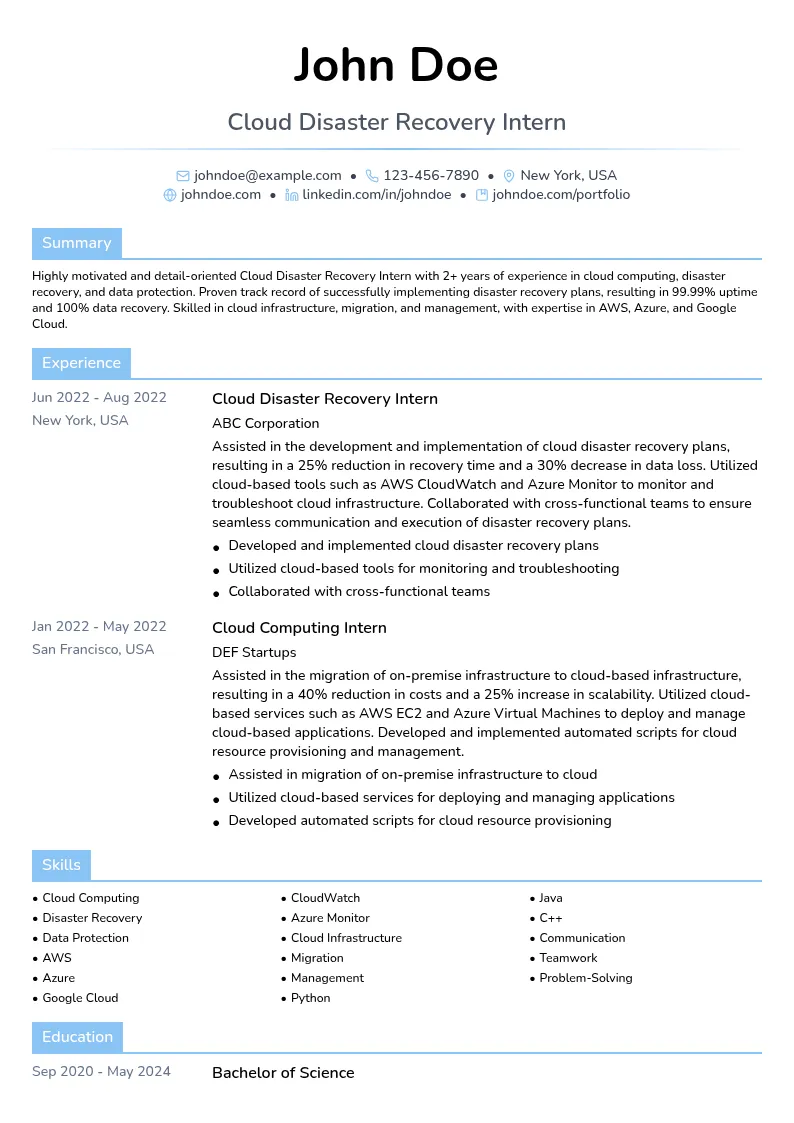 Cloud Disaster Recovery Intern resume example