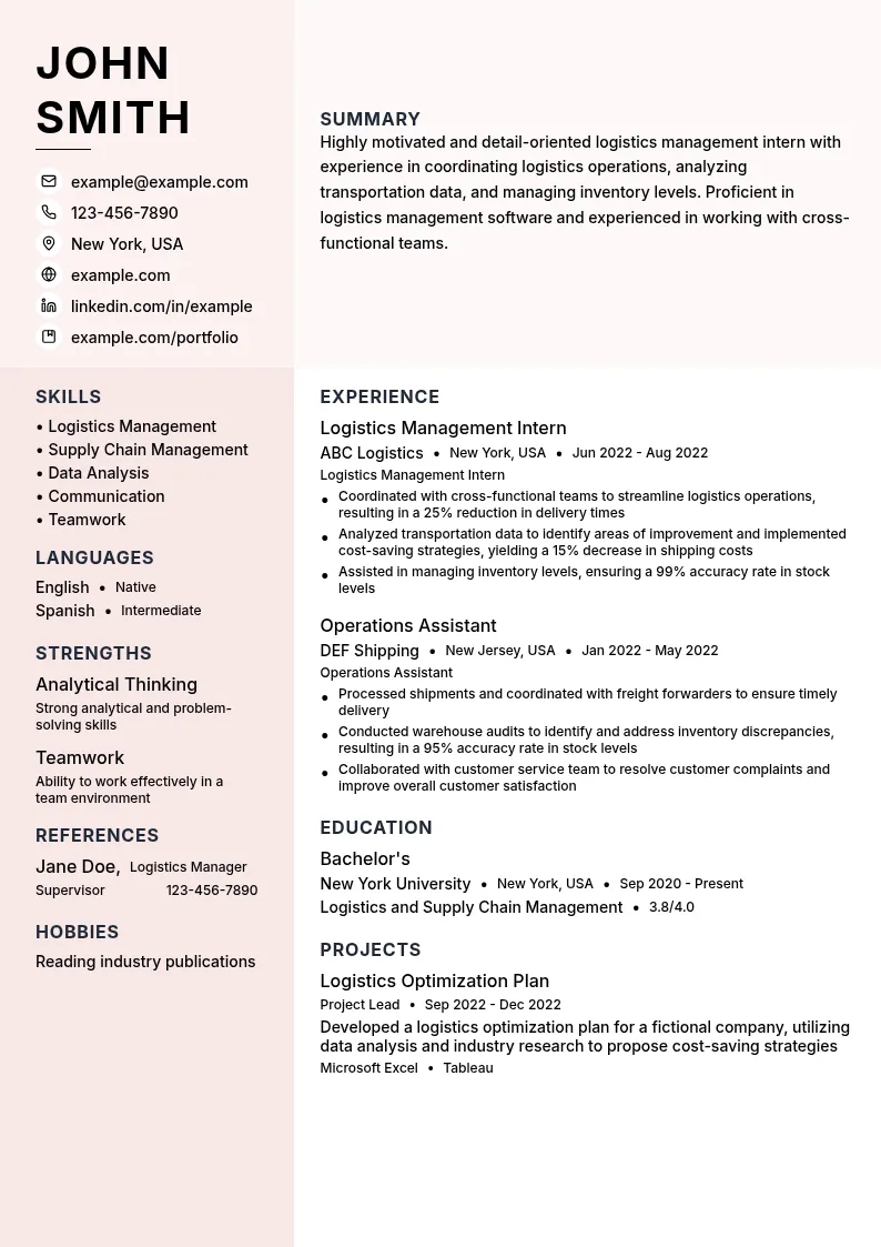 Logistics Management Intern resume example