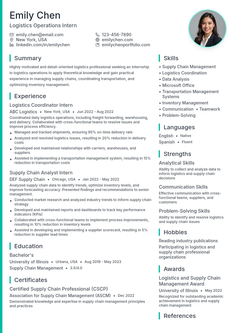 Logistics Operations Intern resume example