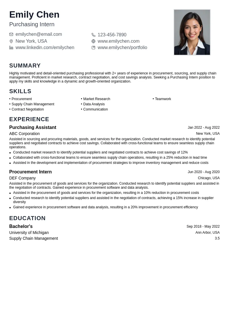 Purchasing Intern resume example