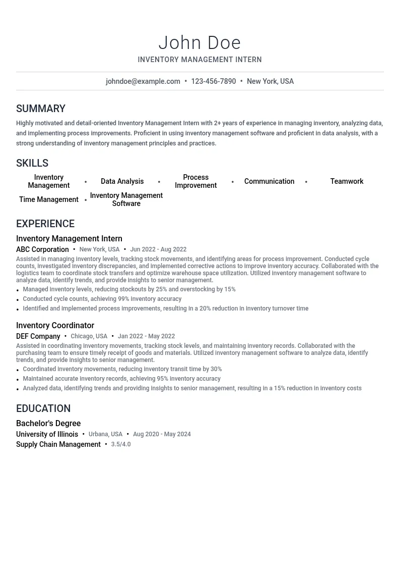 Inventory Management Intern resume example