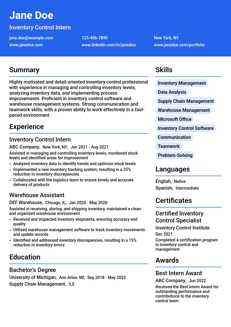 Inventory Control Intern resume example