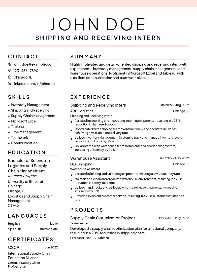 Shipping and Receiving Intern resume example