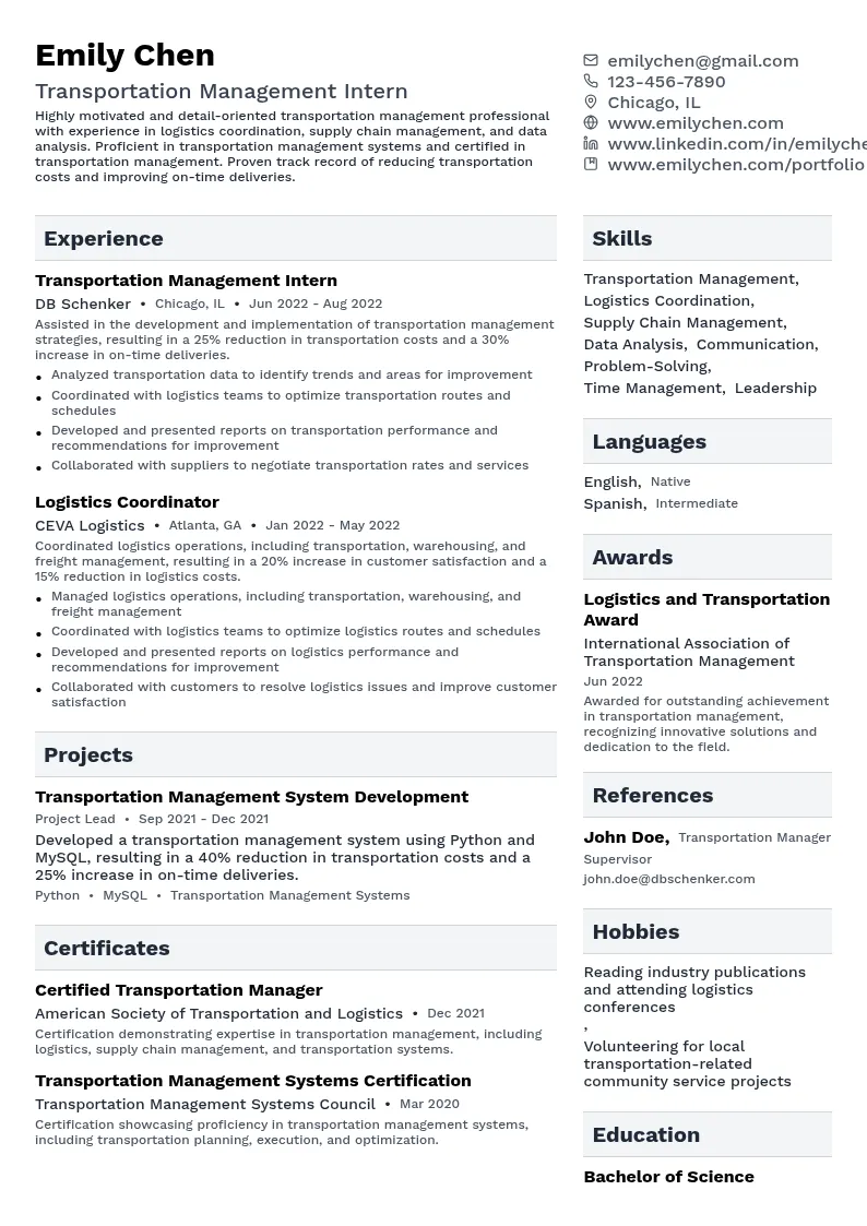 Transportation Management Intern resume example