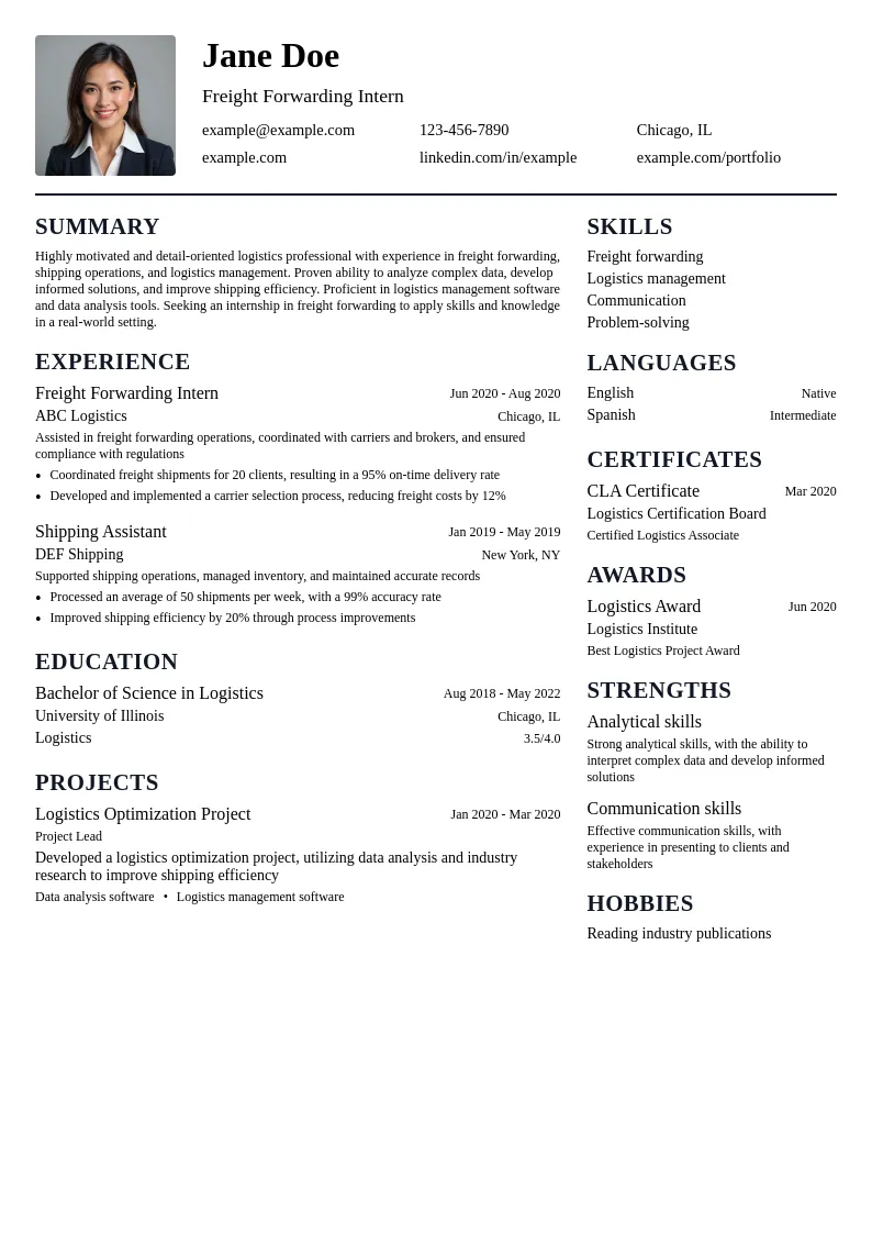 Freight Forwarding Intern resume example