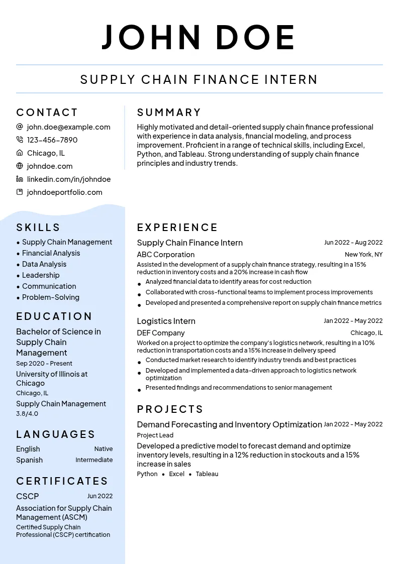 Supply Chain Finance Intern resume example