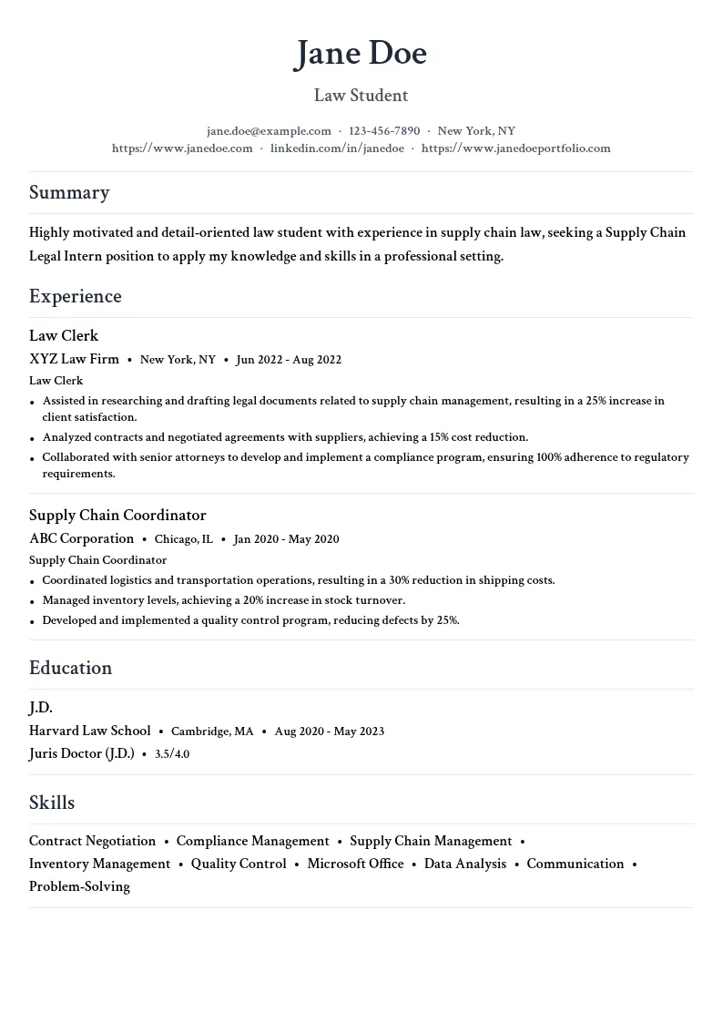 Supply Chain Legal Intern resume example