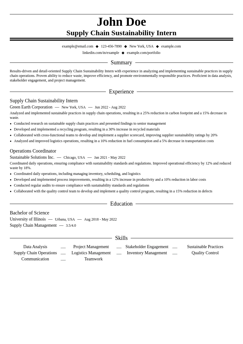 Supply Chain Sustainability Intern resume example