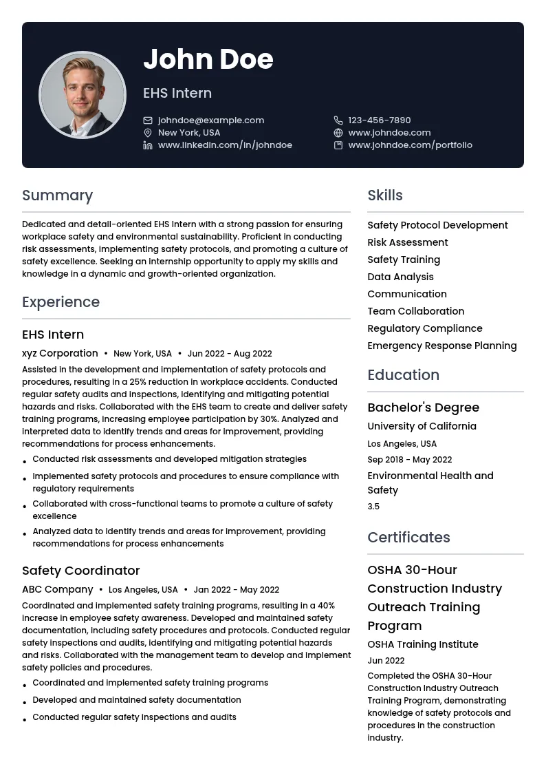 EHS Intern resume example