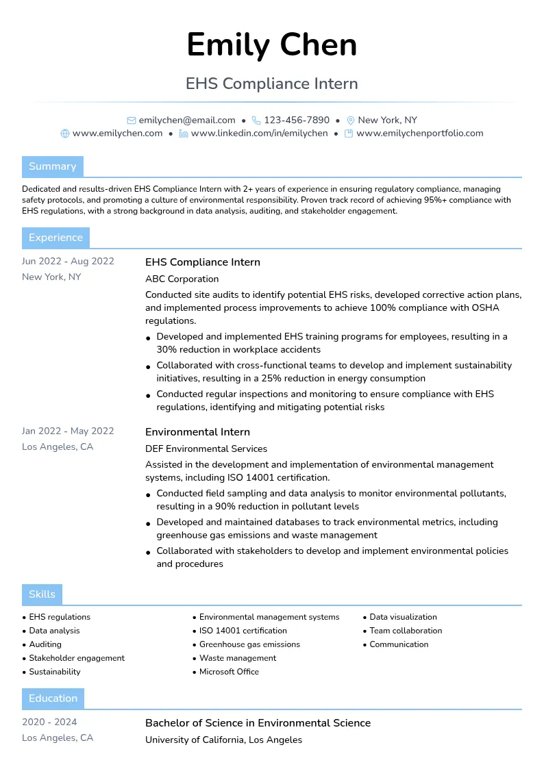 EHS Compliance Intern resume example