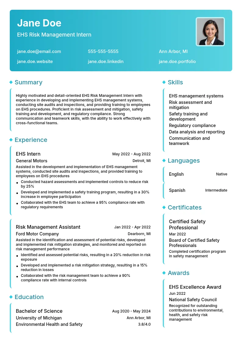 EHS Risk Management Intern resume example