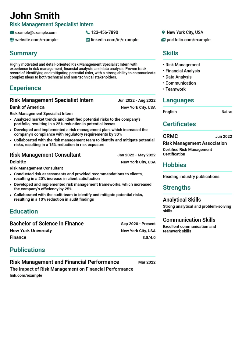 Risk Management Specialist Intern resume example