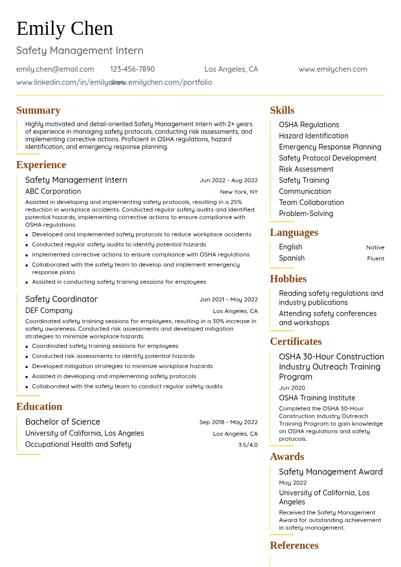 Safety Management Intern resume example