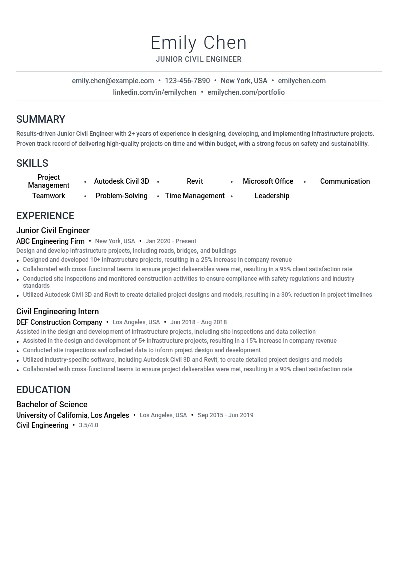 Junior Civil Engineer resume example