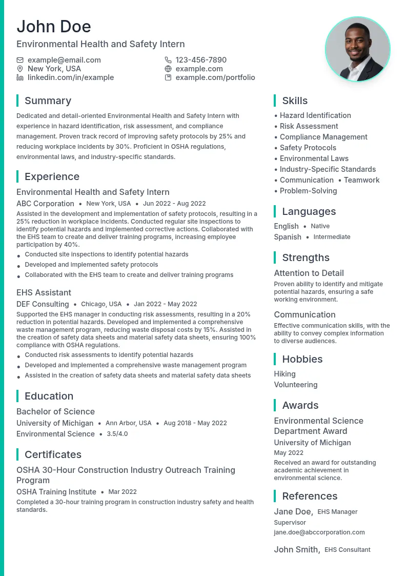 Environmental Health and Safety Intern resume example