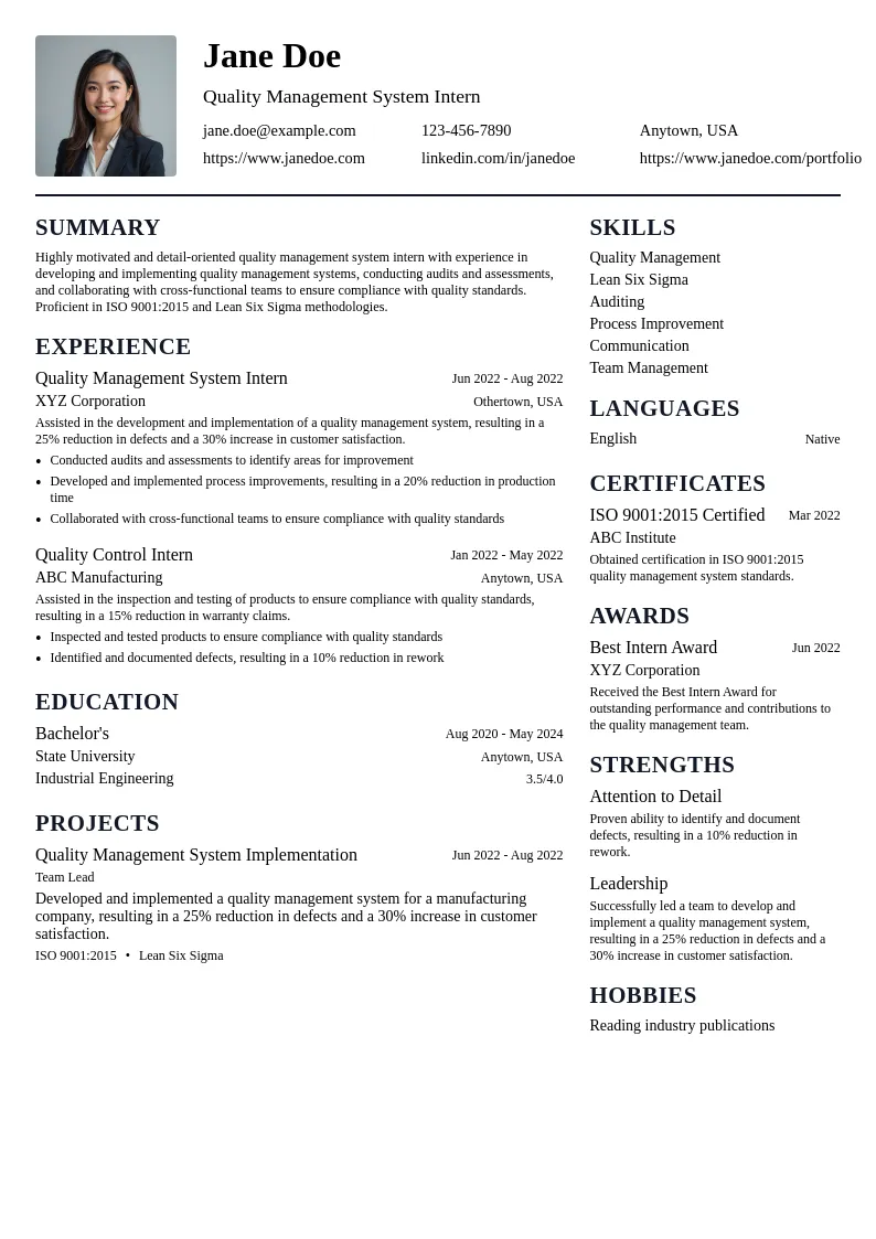 Quality Management System Intern resume example
