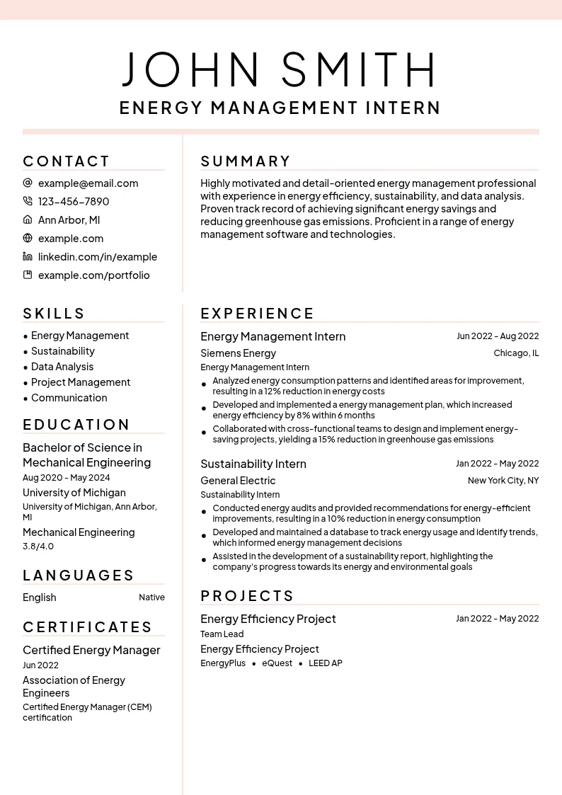 Energy Management Intern resume example