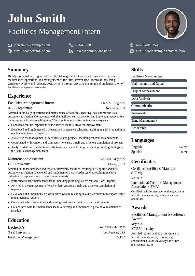 Facilities Management Intern resume example