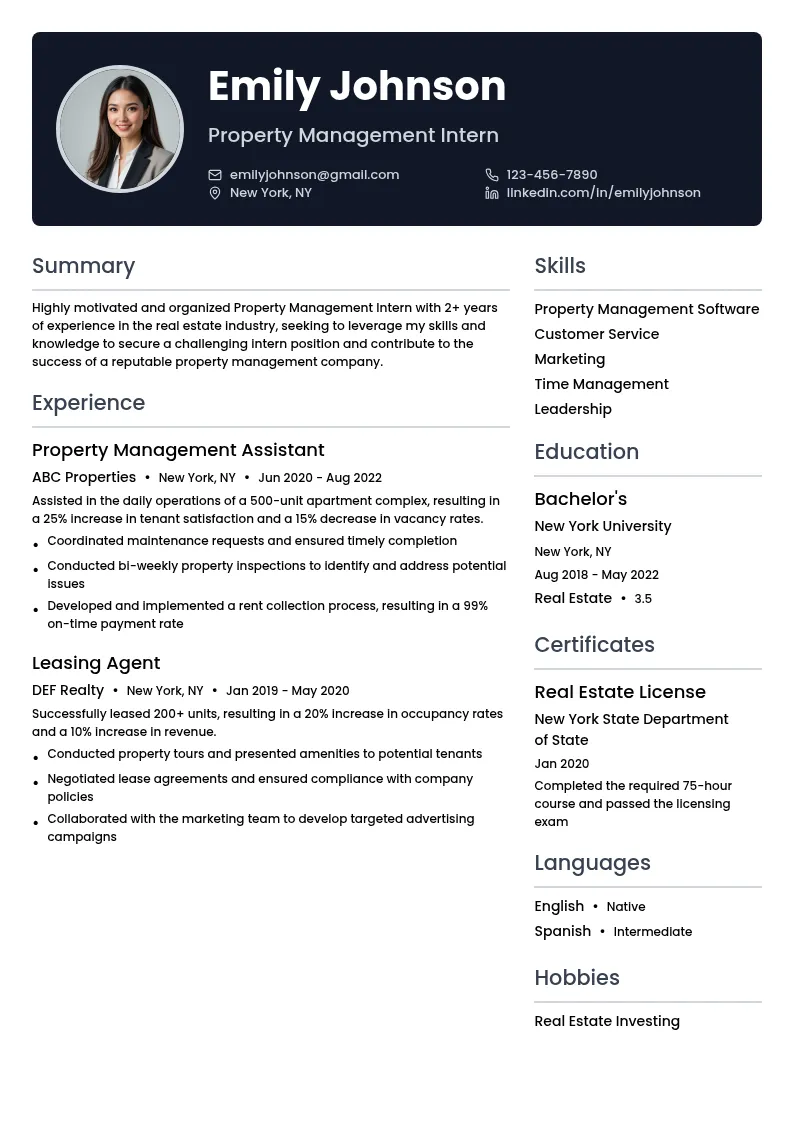 Property Management Intern resume example
