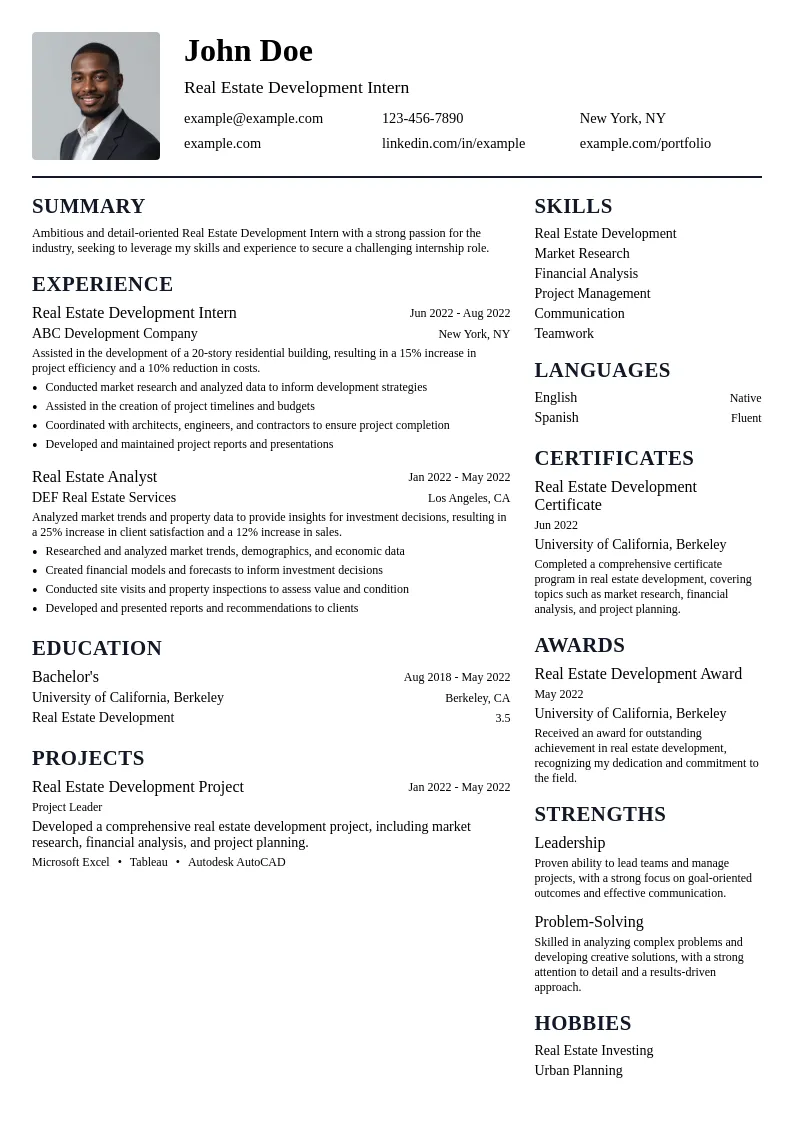 Real Estate Development Intern resume example