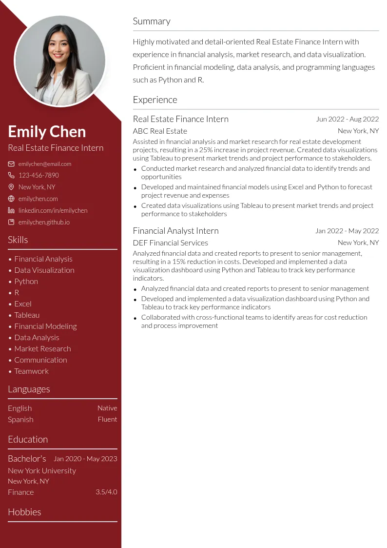 Real Estate Finance Intern resume example