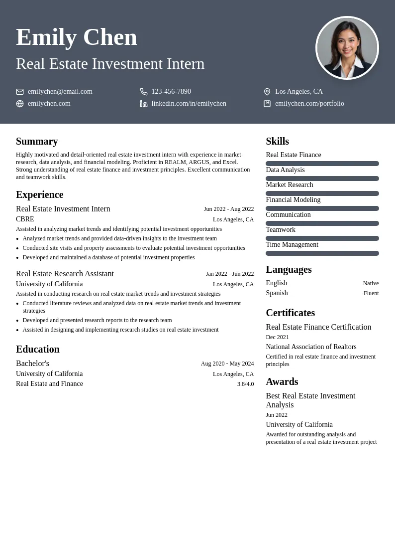 Real Estate Investment Intern resume example