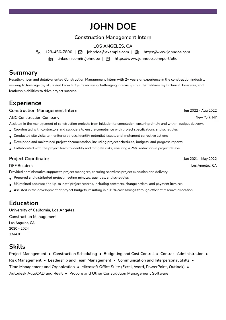 Construction Management Intern resume example